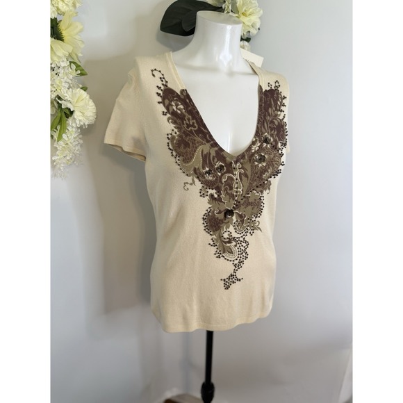 Vertigo Paris Embellished Beige Brown Ladies L Sequined Short Sleeve Sweater NWT - Picture 1 of 16